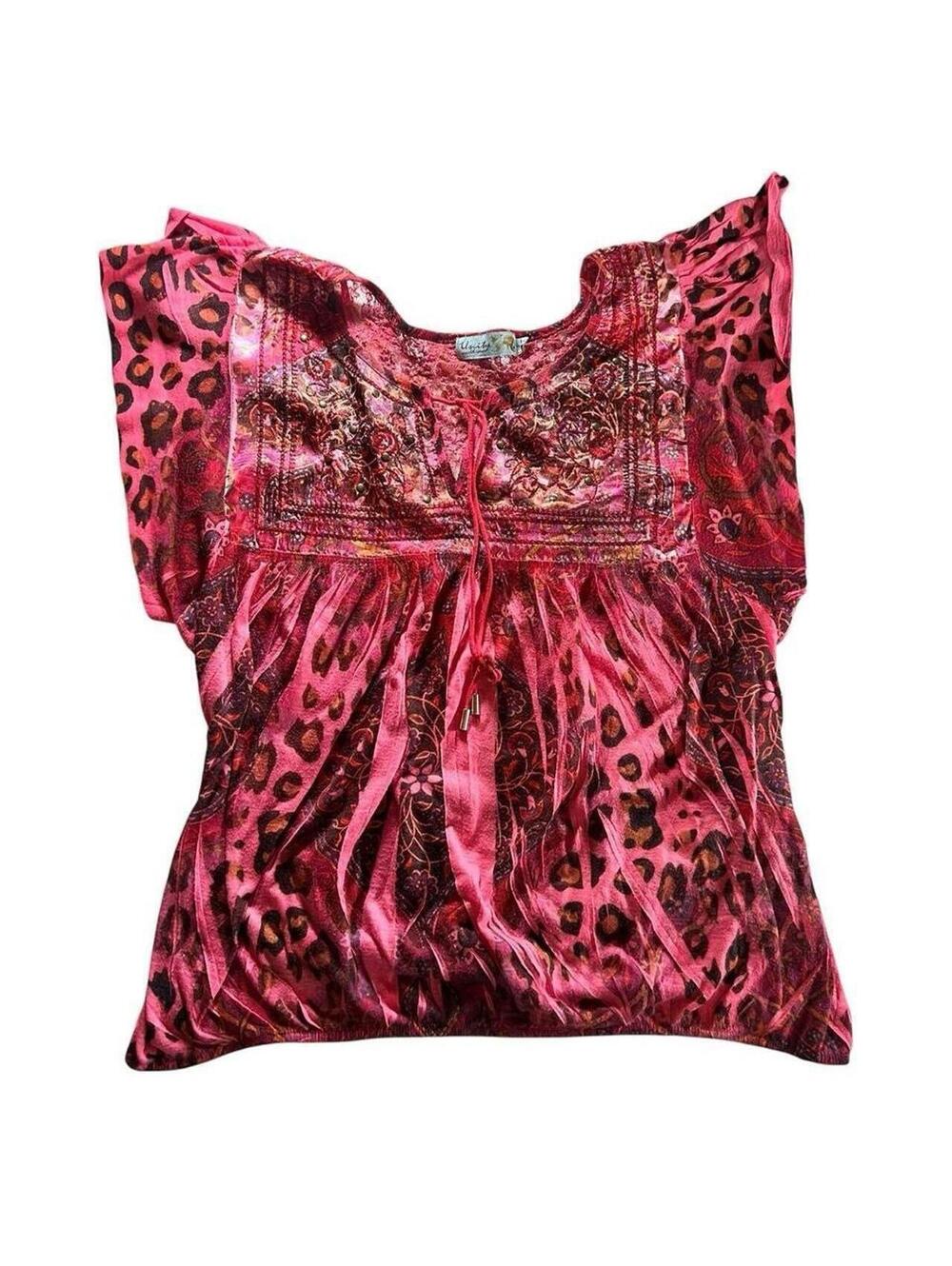 Y2K Unity Pink Leopard Boho Embroidered Blouse